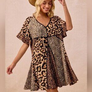BiBi Leopard Prints Mix Short Ruffle Sleeves Dress Sz Sm Md Lg XL